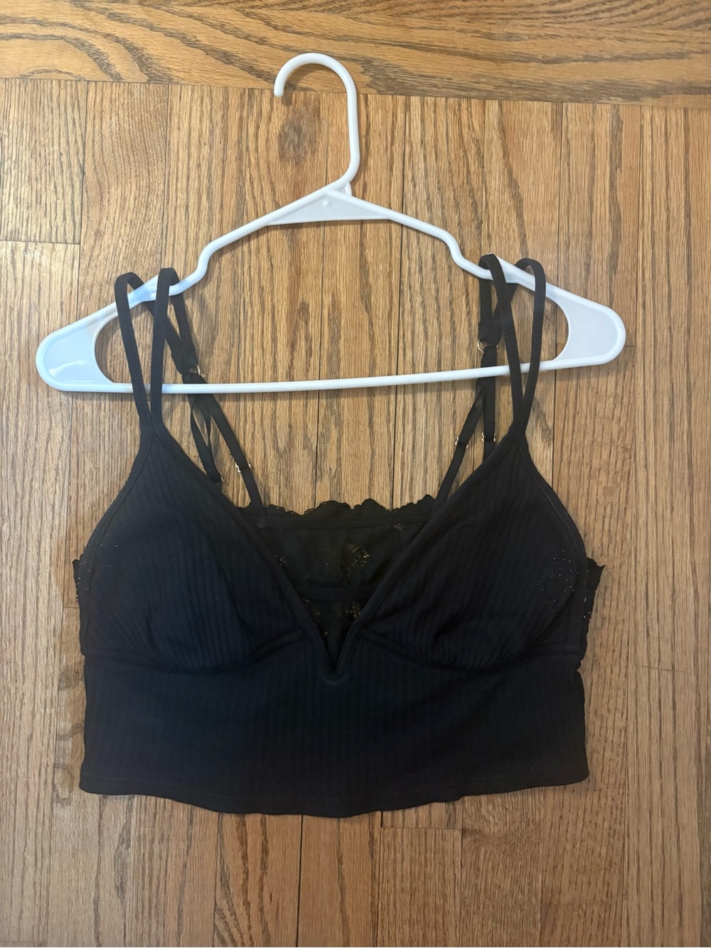 aerie Black Ribbed Lace-Trim Bralette with Double Straps